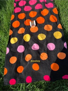 Personalized Black Polka Dot Beach Towel with Pink, Orange & Yellow Dots